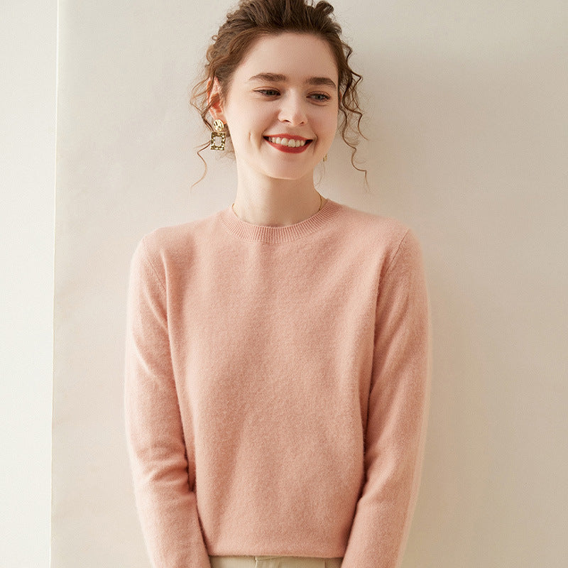 Cashmere sweater, women's round-neck solid color plain stitch warm pullover, knitted base layer, long-sleeved sweater, women's top, winter