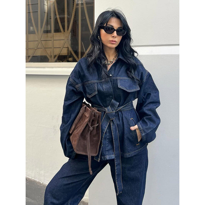 Ensemble veste et pantalon en jean vintage avec ceinture pour femme, manu à revers, simple boutonnage, à lacets, pantalon droit, tenue ample pour le printemps