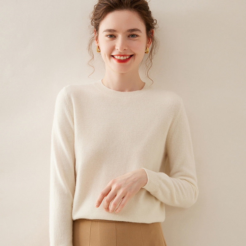 Cashmere sweater, women's round-neck solid color plain stitch warm pullover, knitted base layer, long-sleeved sweater, women's top, winter