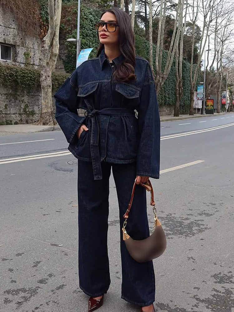 Ensemble veste et pantalon en jean vintage avec ceinture pour femme, manu à revers, simple boutonnage, à lacets, pantalon droit, tenue ample pour le printemps