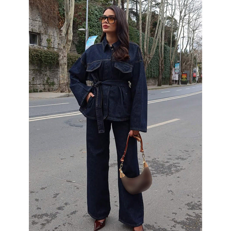 Ensemble veste et pantalon en jean vintage avec ceinture pour femme, manu à revers, simple boutonnage, à lacets, pantalon droit, tenue ample pour le printemps
