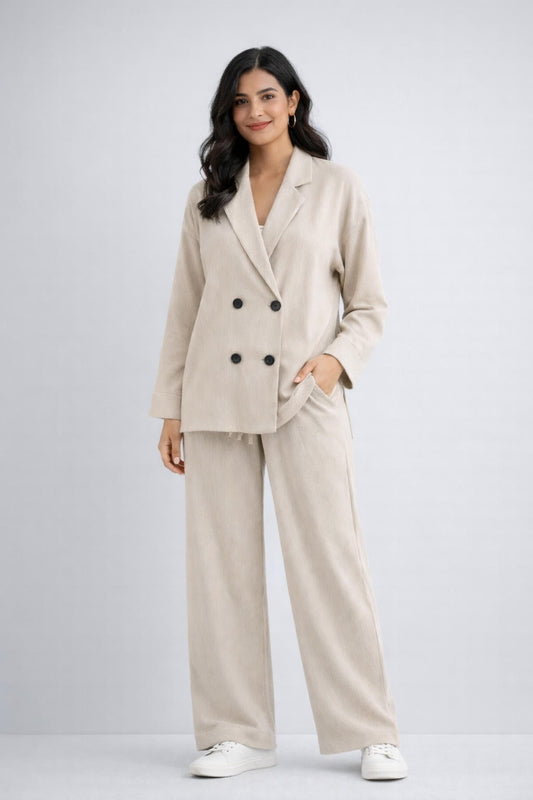 UMIA Women’s Wrinkled Blazer & Pants Set – Casual Chic Two-Piece Outfit in Beige & Black